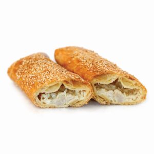 Φλογέρα με γέμιση Κοτόπουλο, Συσκευασία: 50τμχ 210g, ΣΥΣΤΑΤΙΚΑ: Κοτόπουλο (φιλέτο), μπαχαρικά, σουσάμι, μηκονόσπορο, κεφαλοτύρι.